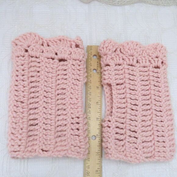 Handmade Crocheted Peach Fingerless Gloves, Salmon Finglerless Mittens, Ruffled - Picture 4 of 5